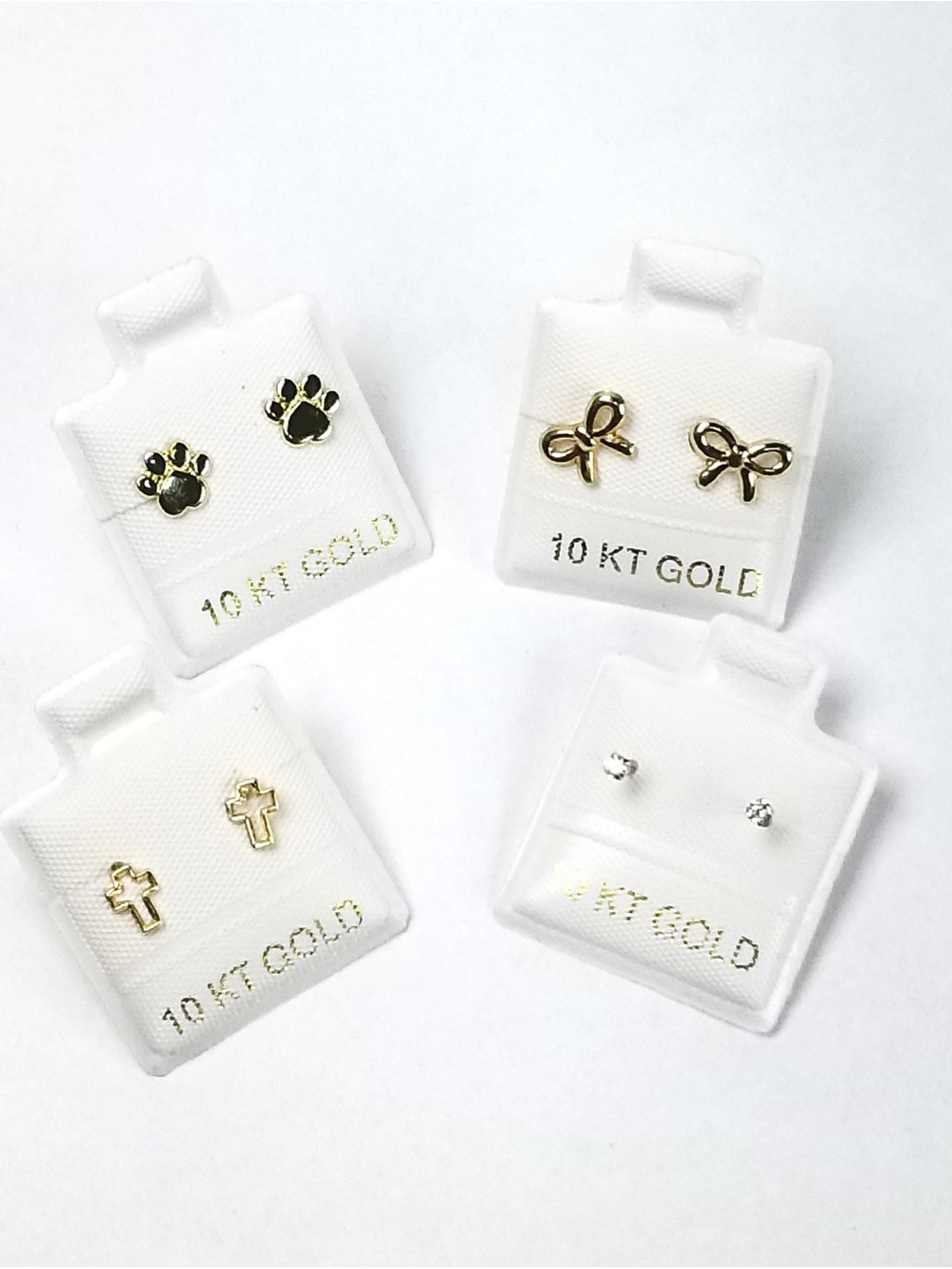 10K Gold 4 Pair Stud Earrings Bow Ribbon Paw Pet Cross Solitaire CZ Broquel
